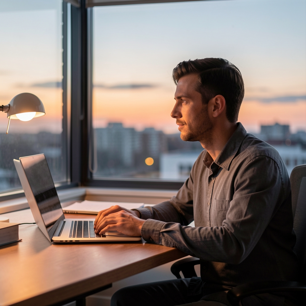 Person sitting at a desk in fading afternoon light, hands resting over a journal, looking out a window at dusk