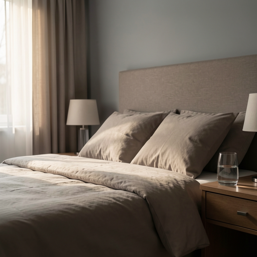 Dimly lit bedroom with an unmade bed, pale morning light at the edge of drawn curtains, a glass of water on the nightstand