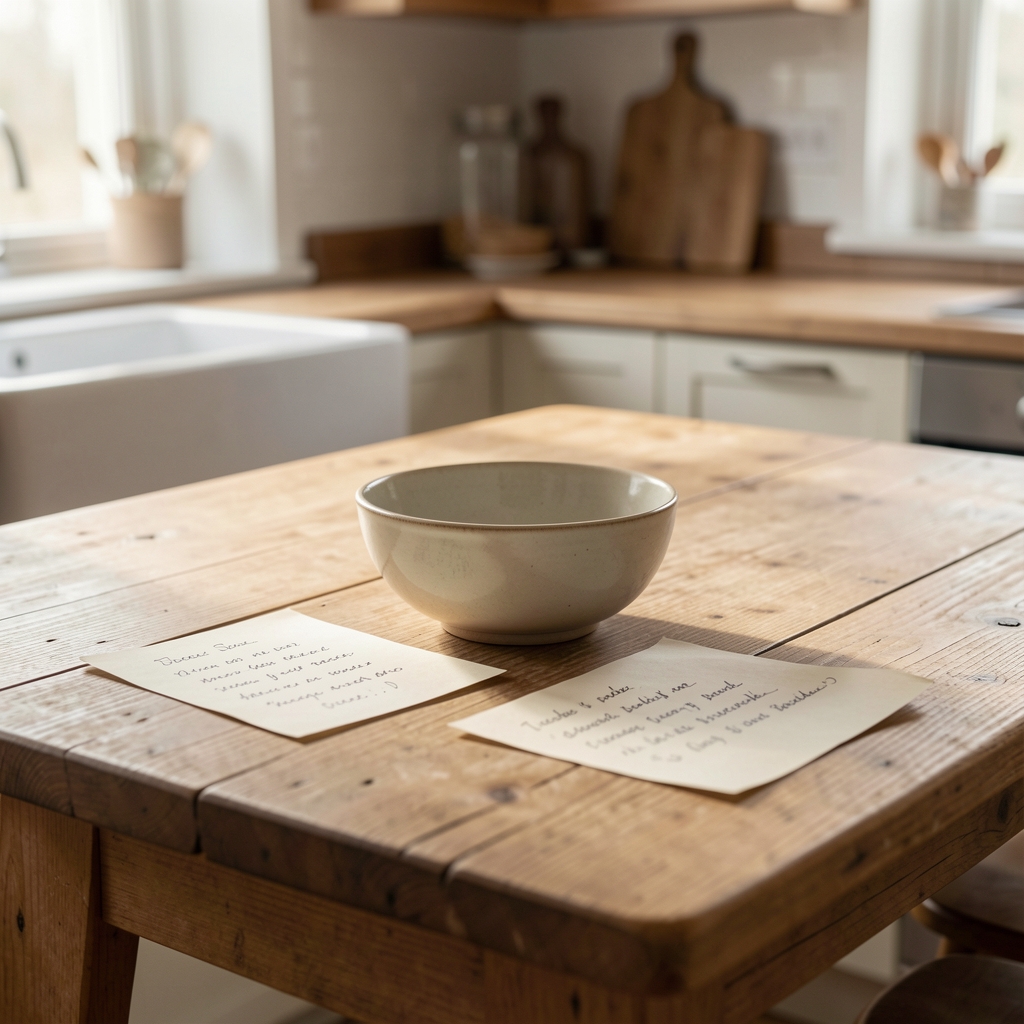 Wooden kitchen table with a single bowl, spoon, and a handwritten notes page, soft daytime studio lighting
